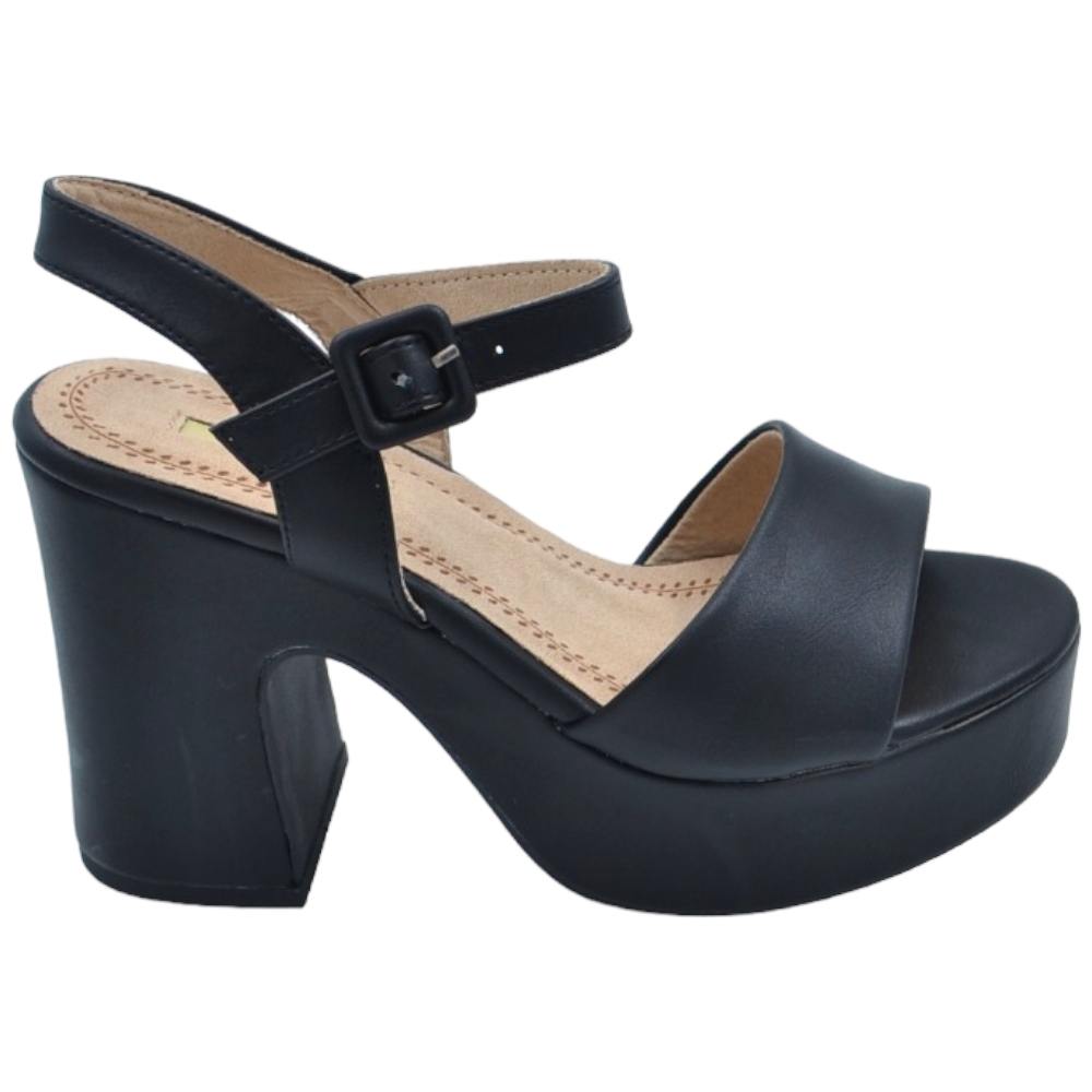 Scarpe sandalo donna pelle nera platform punta rotonda tacco largo 10 cm plateau 4 cm cinturino alla caviglia open toe.